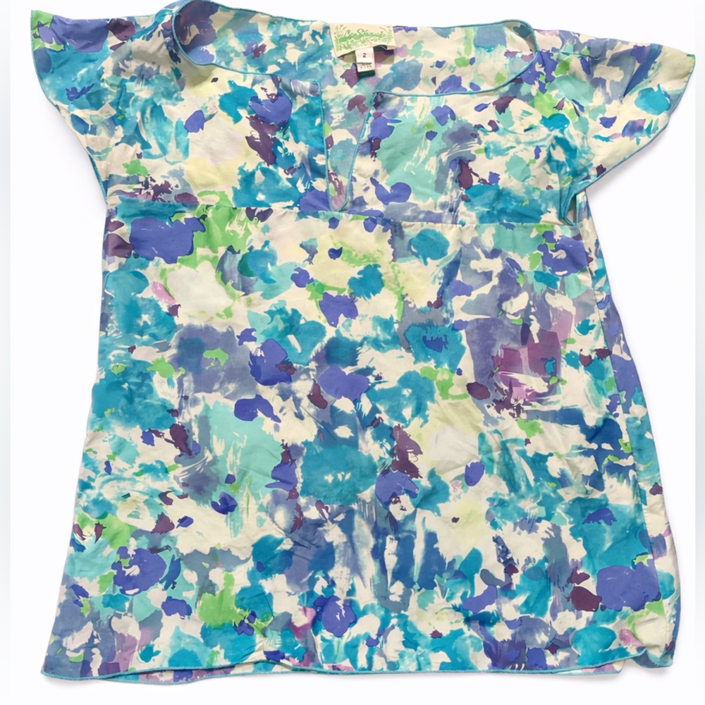 Le Shack 100% Silk Abstract Watercolor Blouse Top Size 2 Excellent Condition